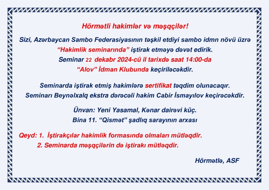 Azərbaycan Sambo Federasiyası hakimlər və məşqçilər üçün seminar keçirmişdir